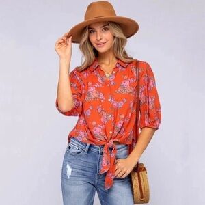 Free People Celia Floral Front Tie Blouse | Size L